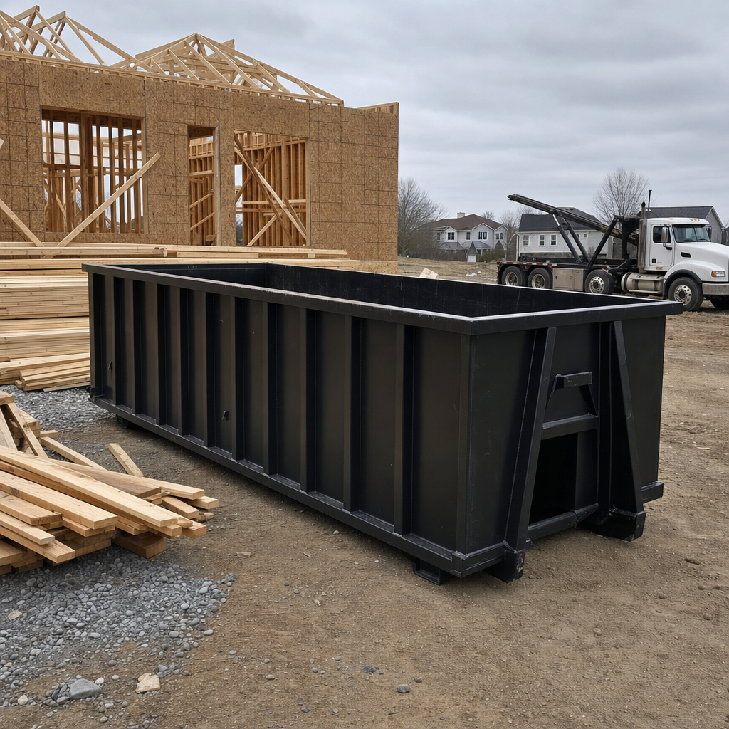 Matte-black 40-yard roll-off dumpster staged on a framed-out residential construction site in Conroe, framing lumber stacked nearby, hooklift delivery truck visible in the background under bright Colorado daylight