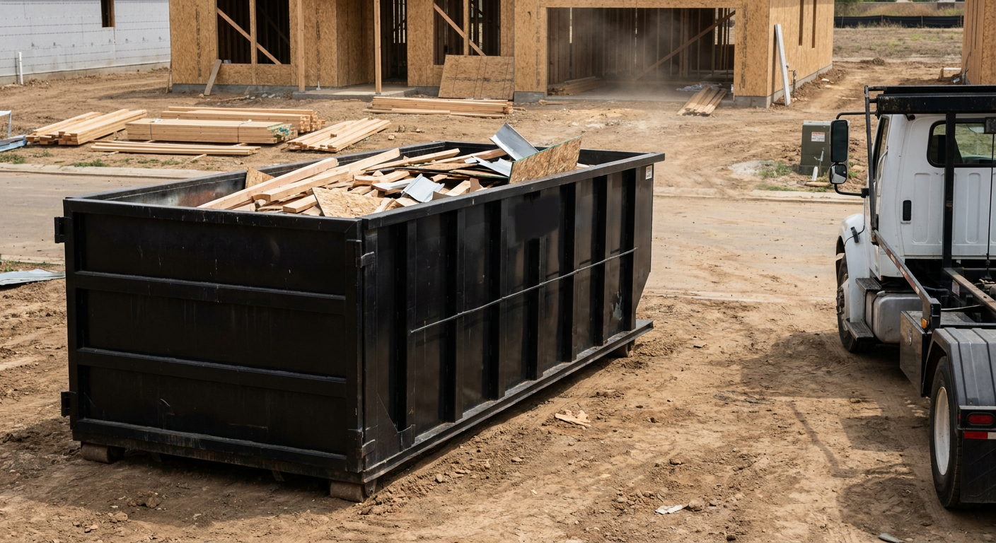 Matte-black 20-yard roll-off construction dumpster with heavy ribbed steel sidewalls and swing rear doors at a working jobsite in Conroe, sitting directly on compacted dirt with an unmarked white hauler partially visible at the far edge of the frame.