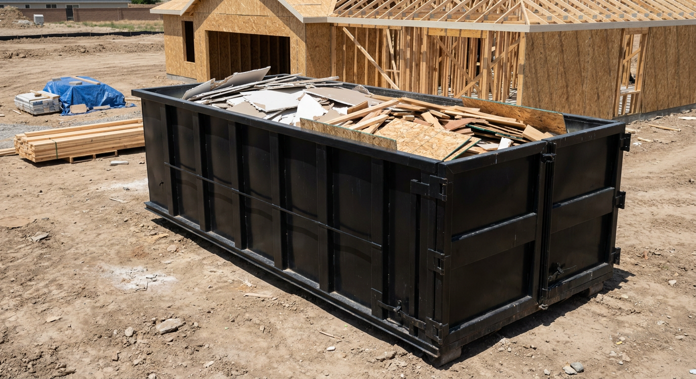Matte-black 30-yard roll-off construction dumpster sitting directly on the compacted-dirt site of a framed single-family home build in Conroe, drywall and lumber scrap loaded inside.