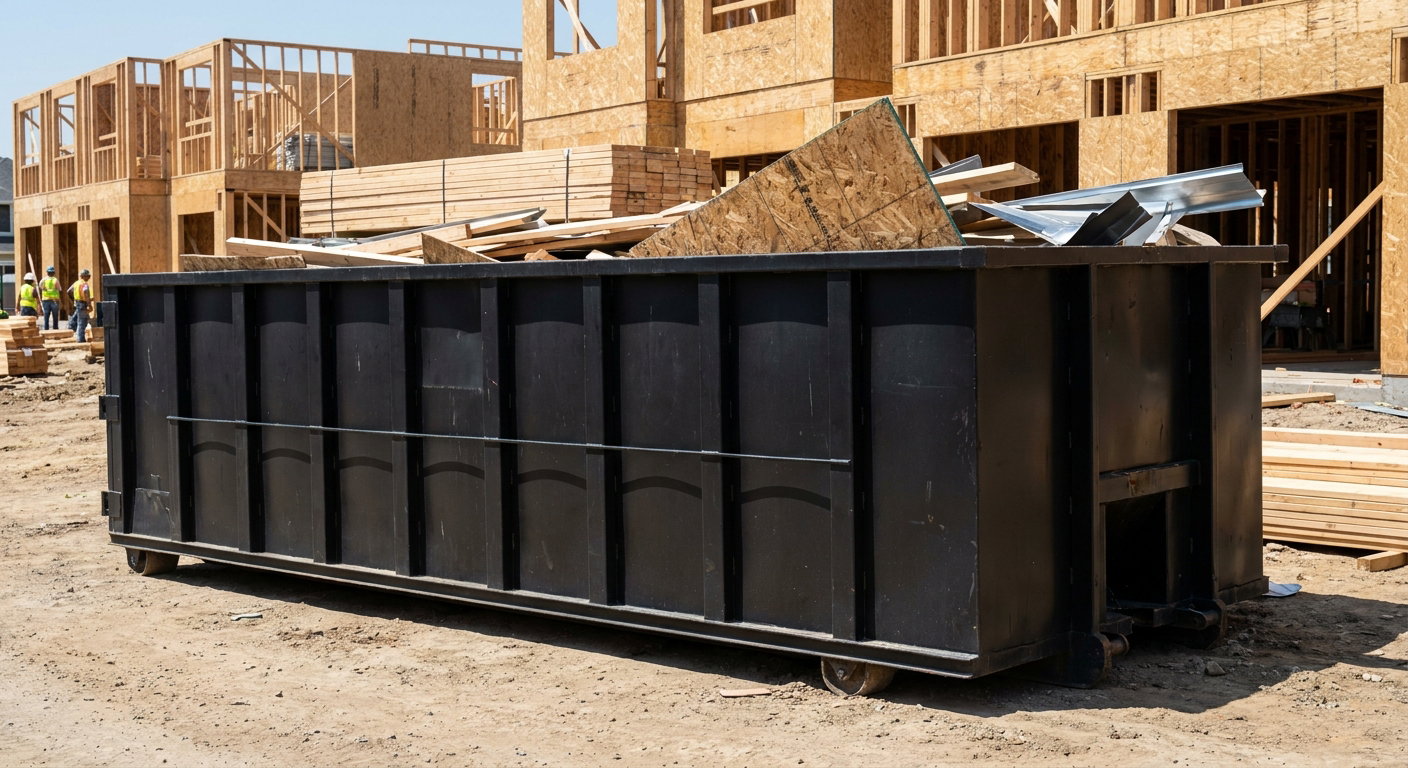 Matte-black 40-yard roll-off construction dumpster being lowered from a white-cab hooklift delivery truck onto the compacted-dirt jobsite at a commercial build site in Conroe
