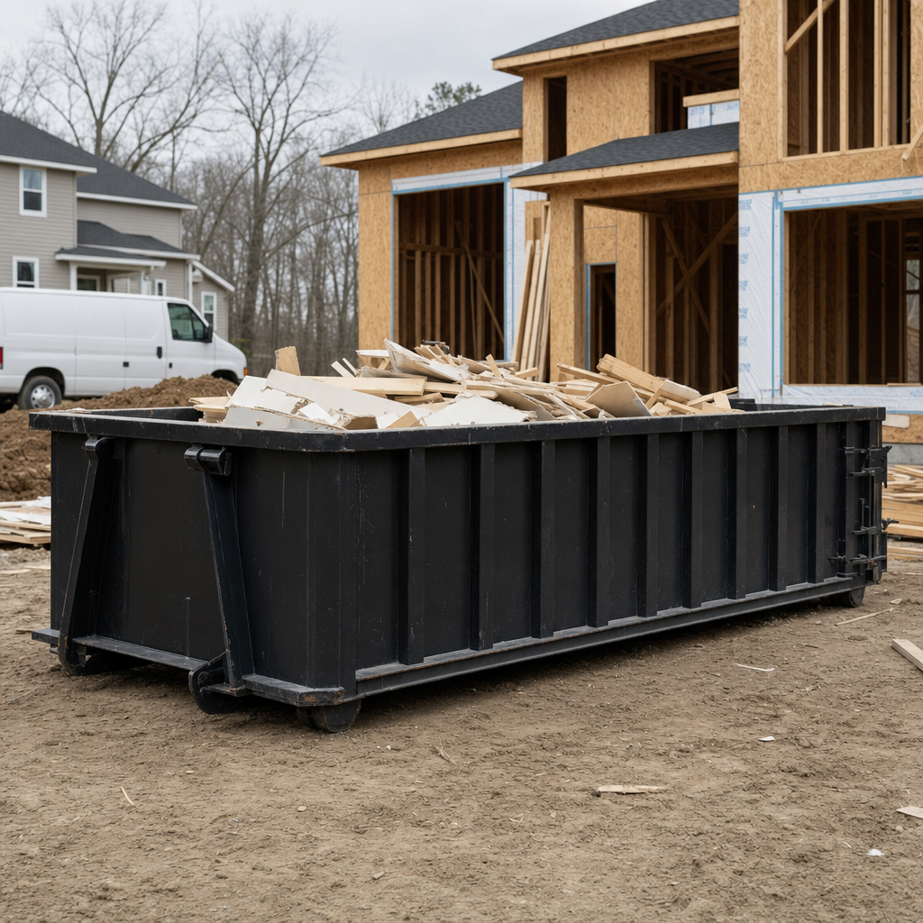 Worker in a yellow high-visibility vest tossing framing lumber and broken drywall into a matte-black 30-yard construction roll-off dumpster on an active build site in Conroe, bright daylight