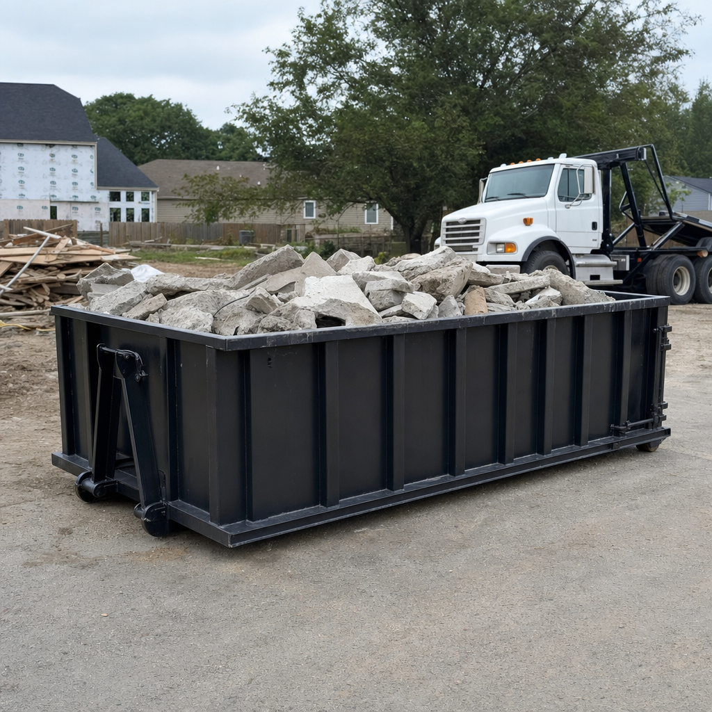 Low-profile matte-black lowboy roll-off dumpster loaded with broken concrete slab and rebar at a foundation tear-out in Conroe, skid steer parked beside it, sunny Colorado morning