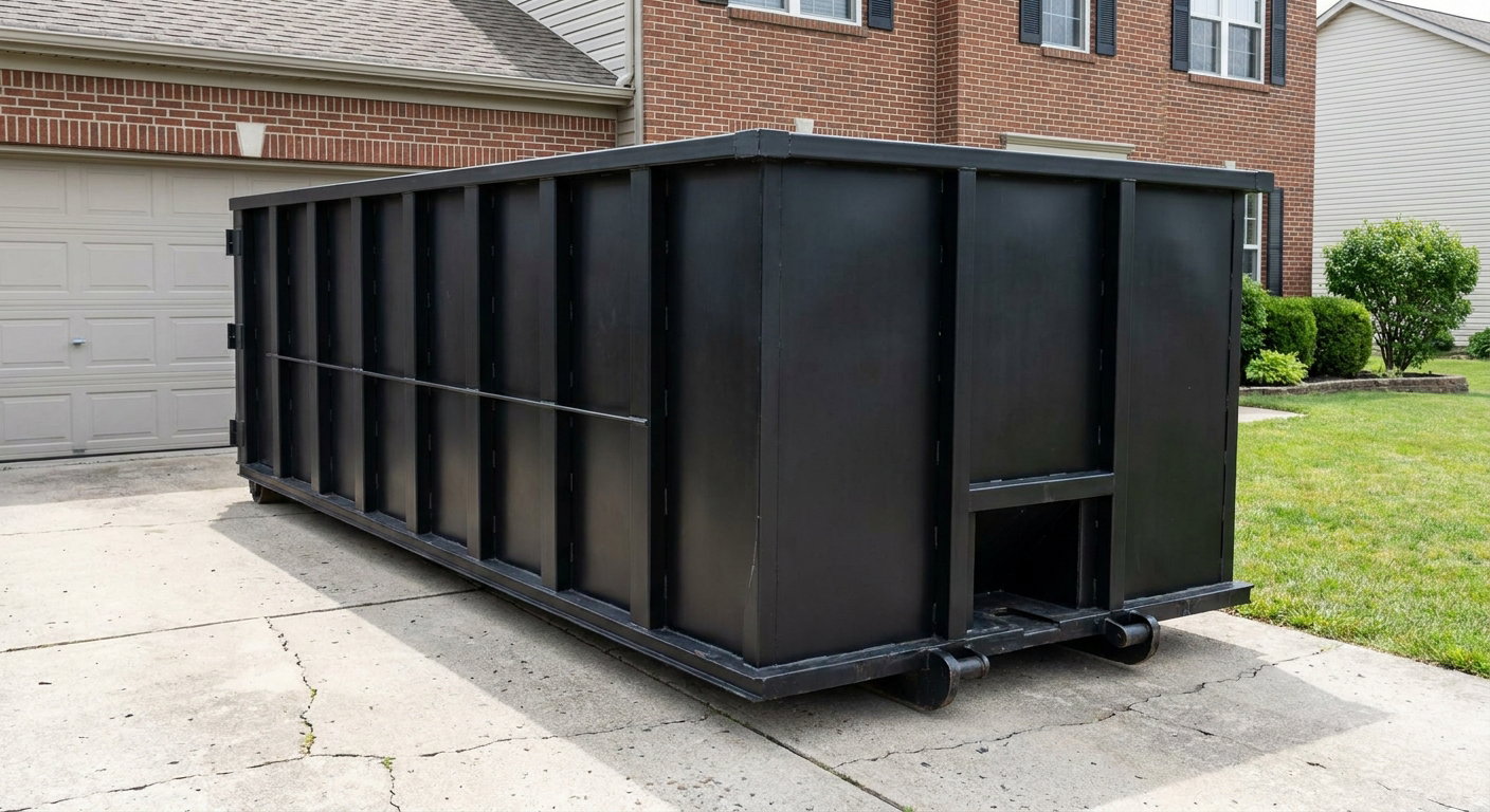 Matte-black 20-yard roll-off container on a Conroe residential concrete driveway with reinforced ribbed steel sidewalls and a hinged rear walk-in door, clean bright daylight.
