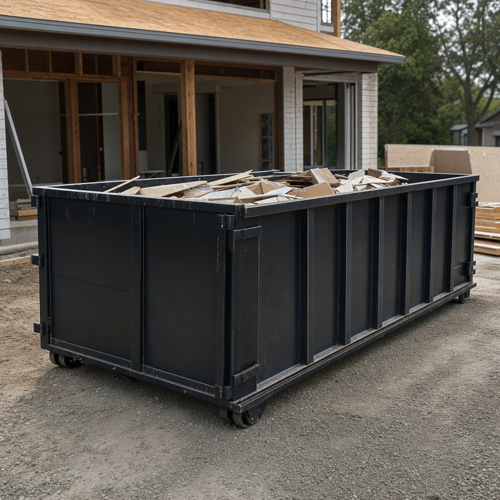 Large matte-black 30-yard construction roll-off dumpster at an active Conroe jobsite, steel-gray top rails and bottom rollers visible, loaded with construction debris.