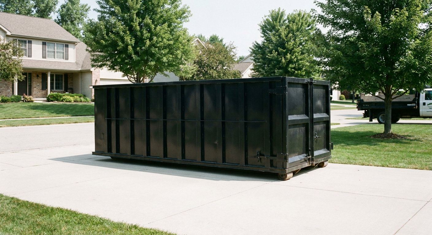 Matte-black 20-yard roll-off dumpster sitting level on a clean Conroe residential concrete driveway under bright daylight, demonstrating clean placement directly on the concrete.