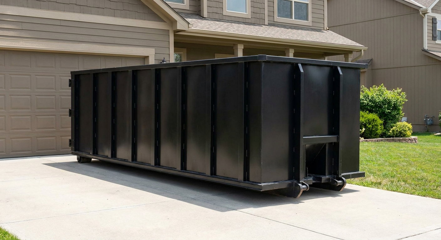Matte-black residential roll-off dumpster sitting directly on a suburban Conroe concrete driveway, garage door closed, single-family home in background, bright morning daylight.