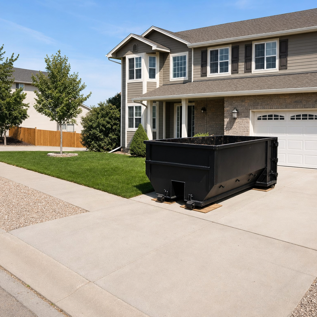 10-yard matte-black residential dumpster placed directly on a narrow Conroe concrete driveway, room remains for a parked sedan beside it, mid-morning natural light