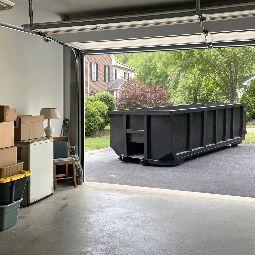 Open garage interior in a Conroe home mid-cleanout — boxed items, an old appliance, and stacked yard tools queued near the driveway for a matte-black roll-off dumpster, organized and calm