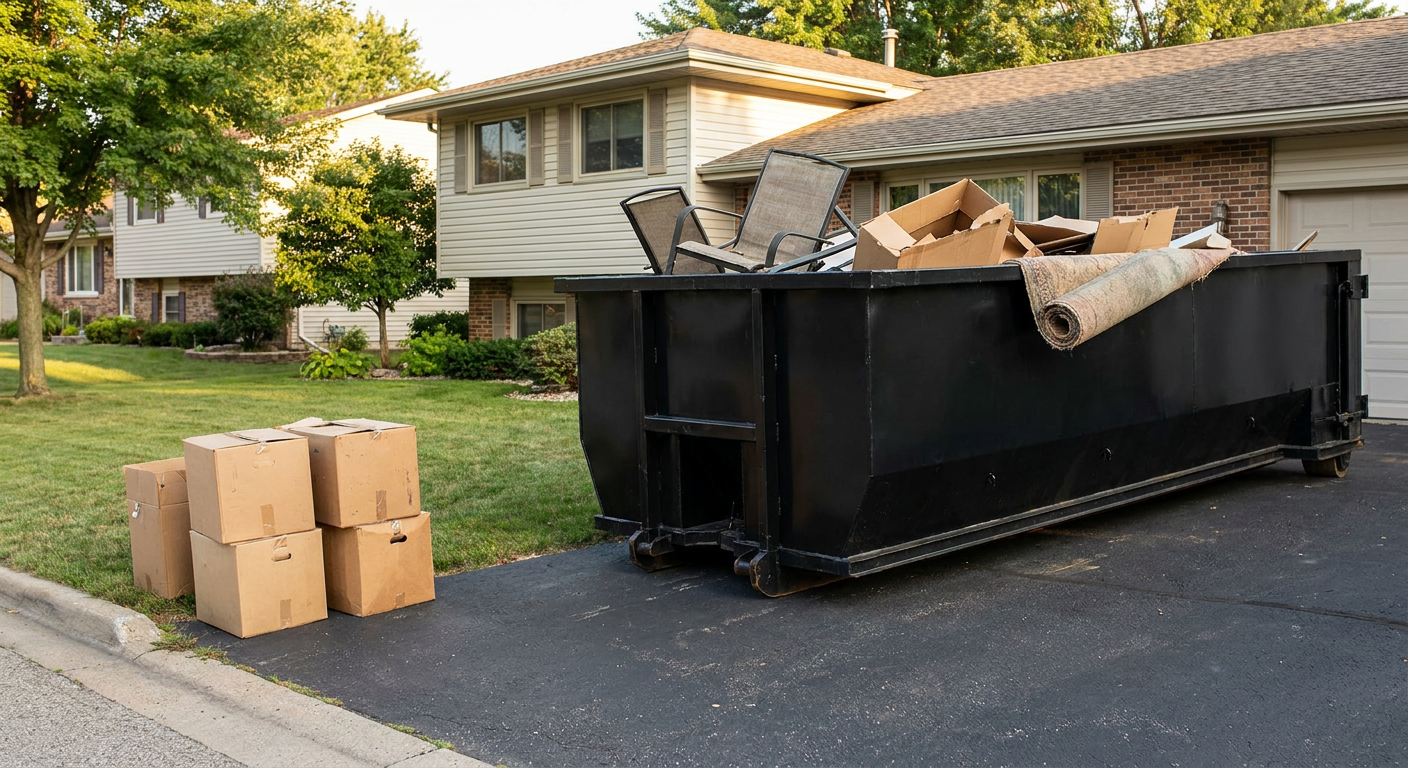 Front-yard view of a Conroe split-level home with a 20-yard matte-black roll-off dumpster sitting directly on the asphalt driveway, a few clearly labeled donation boxes staged at the curb, calm sunny afternoon.