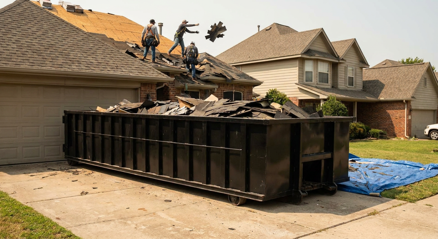 Matte-black roofing roll-off dumpster placed directly on a Conroe residential concrete driveway, a tear-off crew on a two-story asphalt-shingle roof tossing shingle bundles into the low-walled container, bright daylight, documentary 35mm perspective.