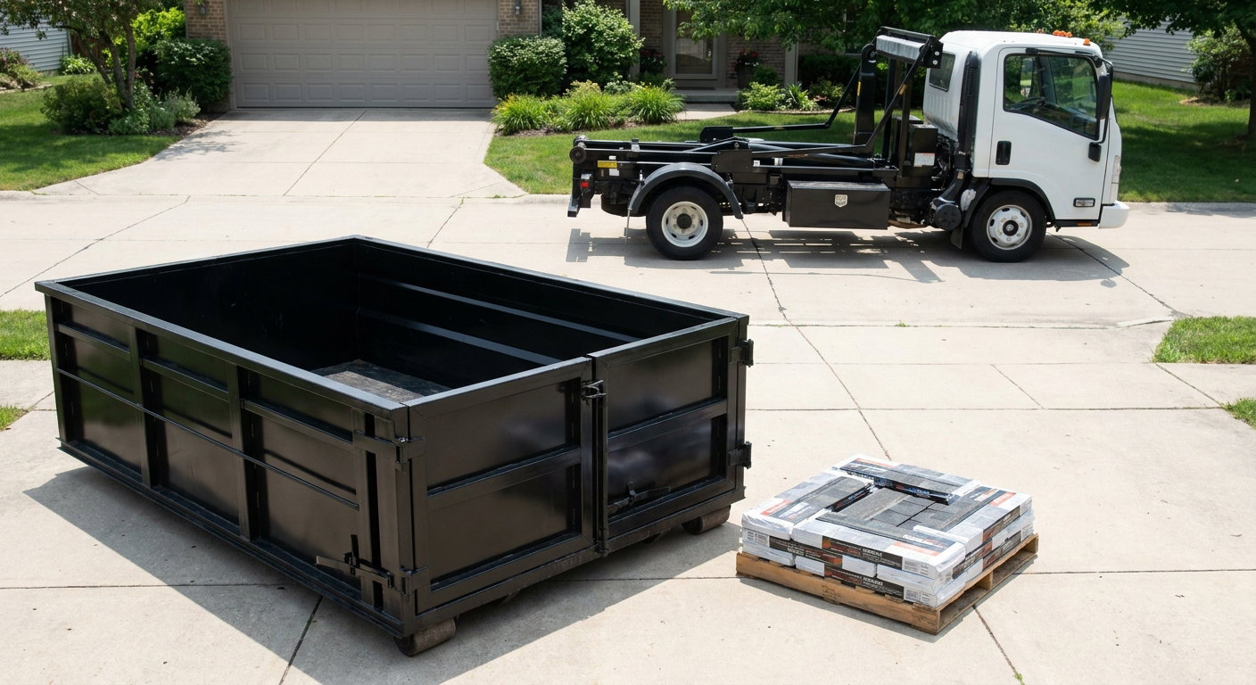 Matte-black 15-yard roofing roll-off dumpster with reinforced low side walls sitting directly on a Conroe residential concrete driveway, three-tab asphalt shingle bundles stacked nearby, an unmarked white hauler truck partially visible at the edge of the frame.