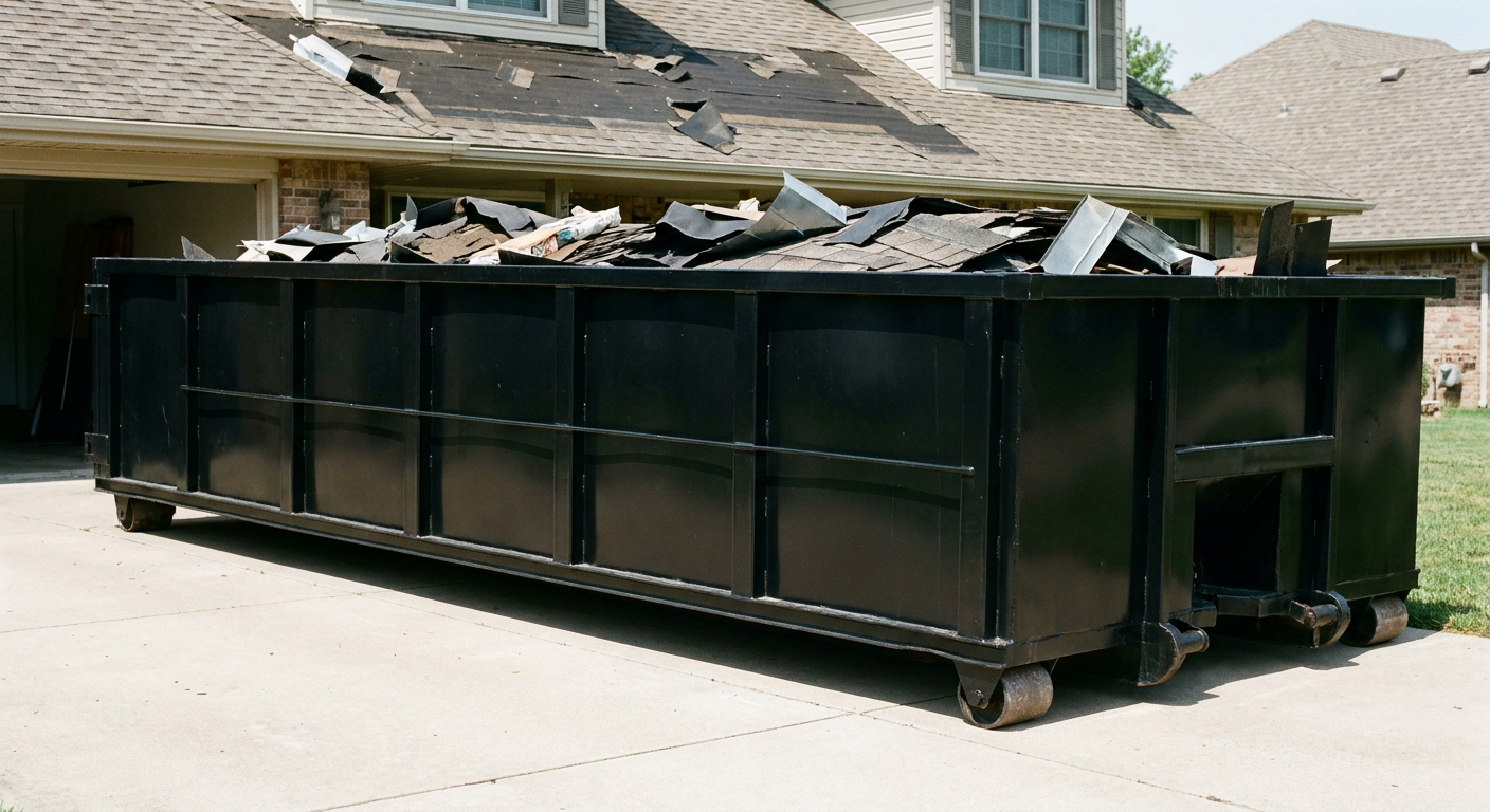 Matte-black 20-yard roofing roll-off dumpster with steel ribbed sides and swinging rear door, sitting directly on the concrete driveway of a two-story Conroe home, asphalt shingle debris being loaded over the low wall, clean documentary lighting.