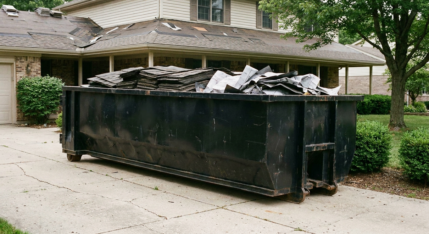 Matte-black 30-yard roofing roll-off dumpster sitting directly on a Conroe concrete driveway, taller ribbed steel side panels, mixed tear-off debris of asphalt shingles and underlayment inside, professional documentary daylight.