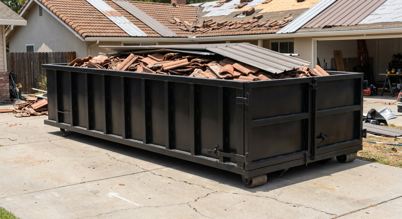 Matte-black low-wall heavy-debris roofing roll-off dumpster sitting directly on a Conroe concrete driveway, broken concrete clay roof tiles and metal panel sections loaded inside, reinforced ribbed steel side walls visible, bright outdoor daylight.