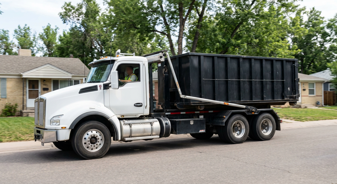 A wide documentary shot of a matte-black roll-off delivery truck pulling onto a quiet Conroe residential street at mid-morning, with neighborhood rooftops and tree-lined blocks visible behind, showing the metro coverage footprint.