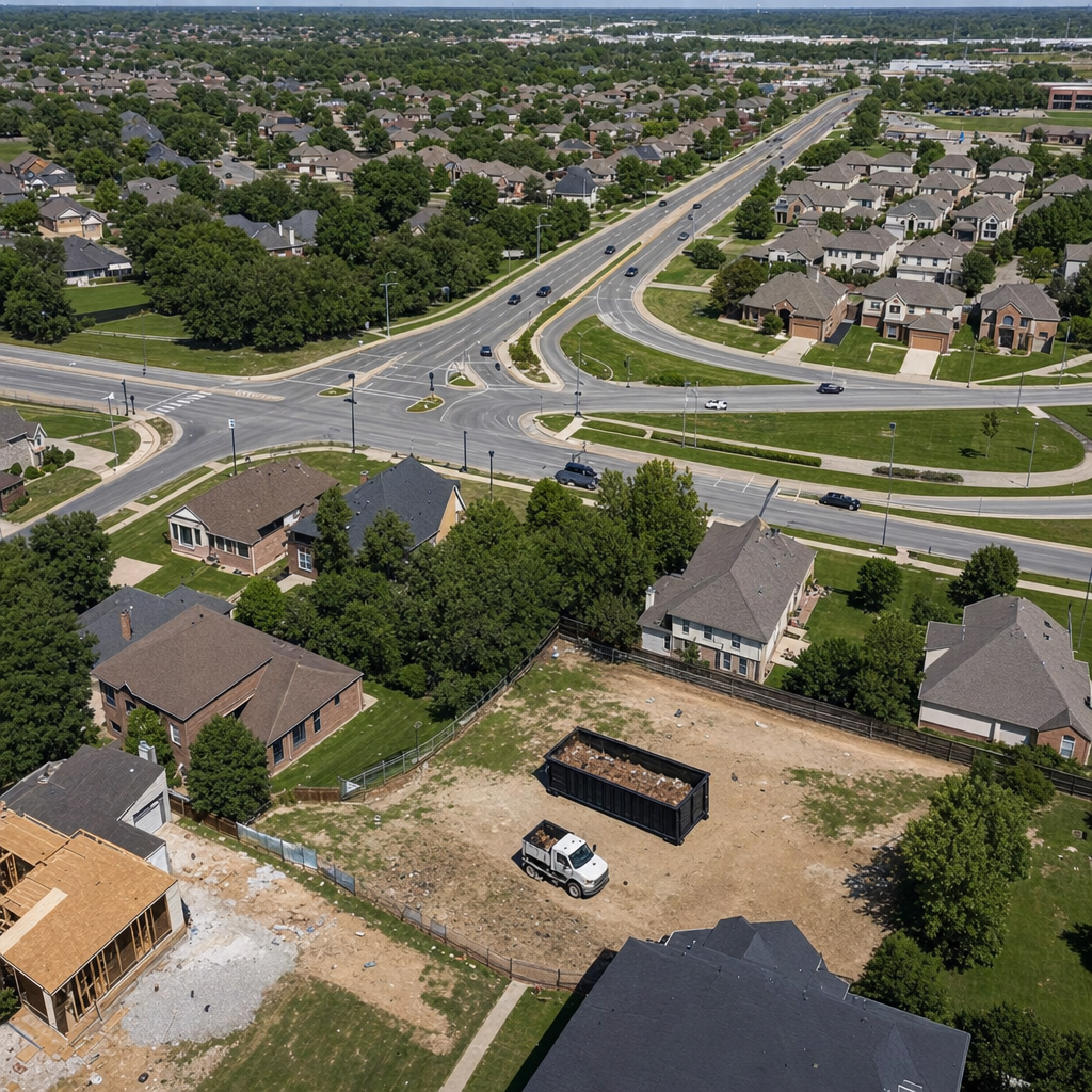 An overhead documentary view of the Conroe metro area at midday, showing the spread of neighborhoods, arterial roads, and the dispatch radius from a central yard — clean daylight, organized geographic layout.