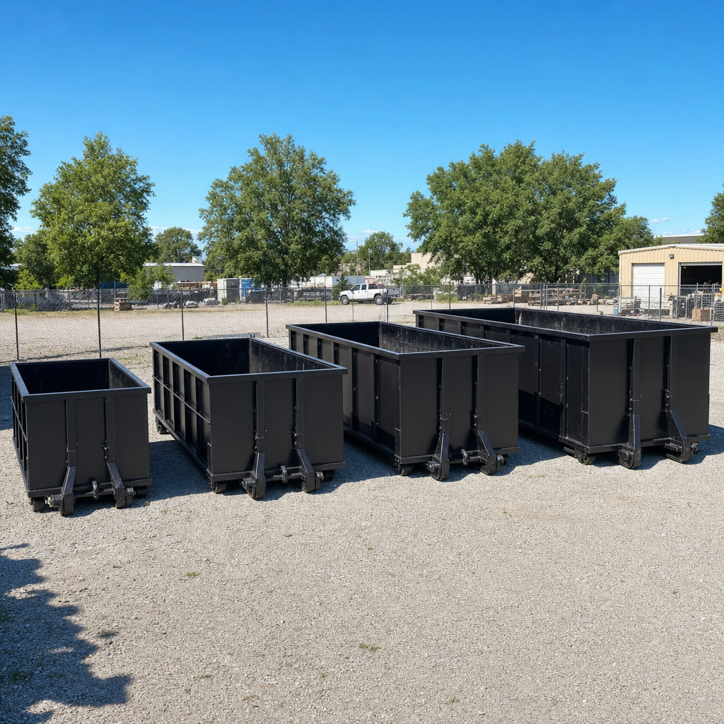 A clean lineup of matte-black roll-off dumpsters in 10, 20, 30, and 40-yard sizes staged on a sunlit gravel yard in Conroe, showing the size progression from compact to commercial-scale containers.