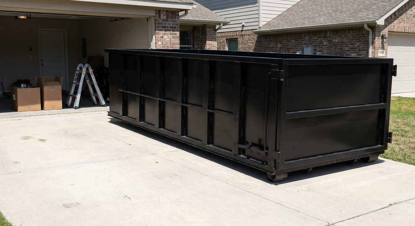 A matte-black 10-yard roll-off dumpster sitting directly on a residential Conroe concrete driveway, mid-day sunlight, clean and ready for a garage cleanout.