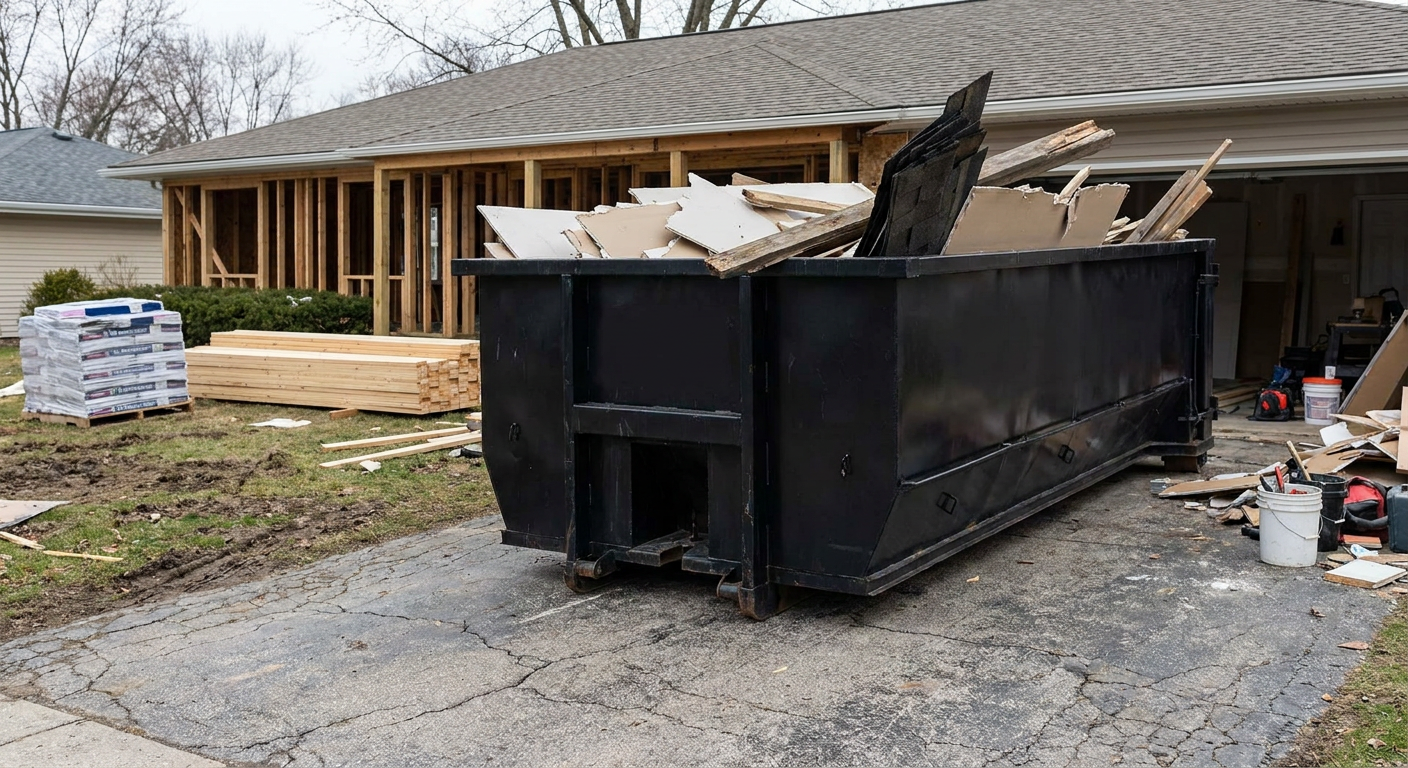 A matte-black 20-yard roll-off dumpster placed alongside a mid-renovation Conroe home directly on the asphalt driveway, with framing materials and torn-off shingles staged neatly nearby.