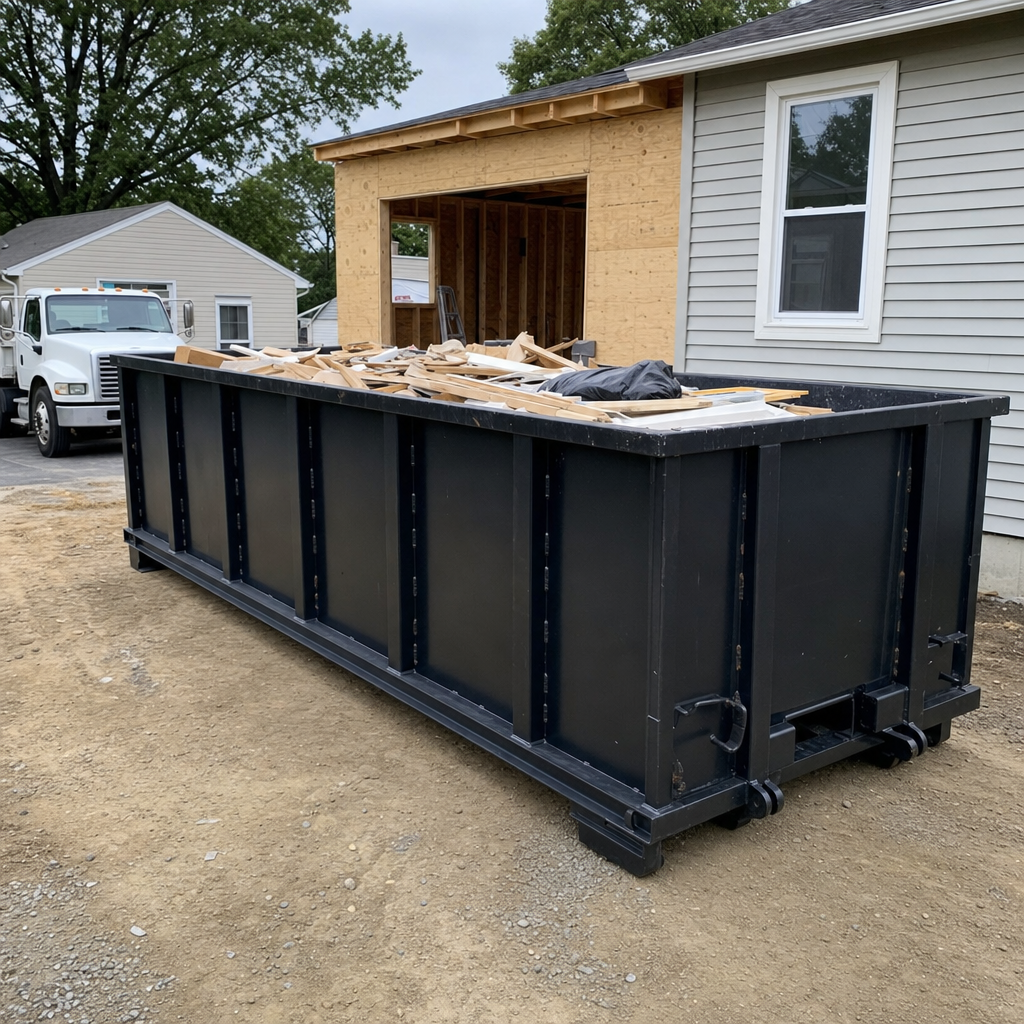 A matte-black 30-yard roll-off dumpster positioned at a Conroe residential addition jobsite, with framing lumber and drywall scraps loaded through the open swinging rear doors.