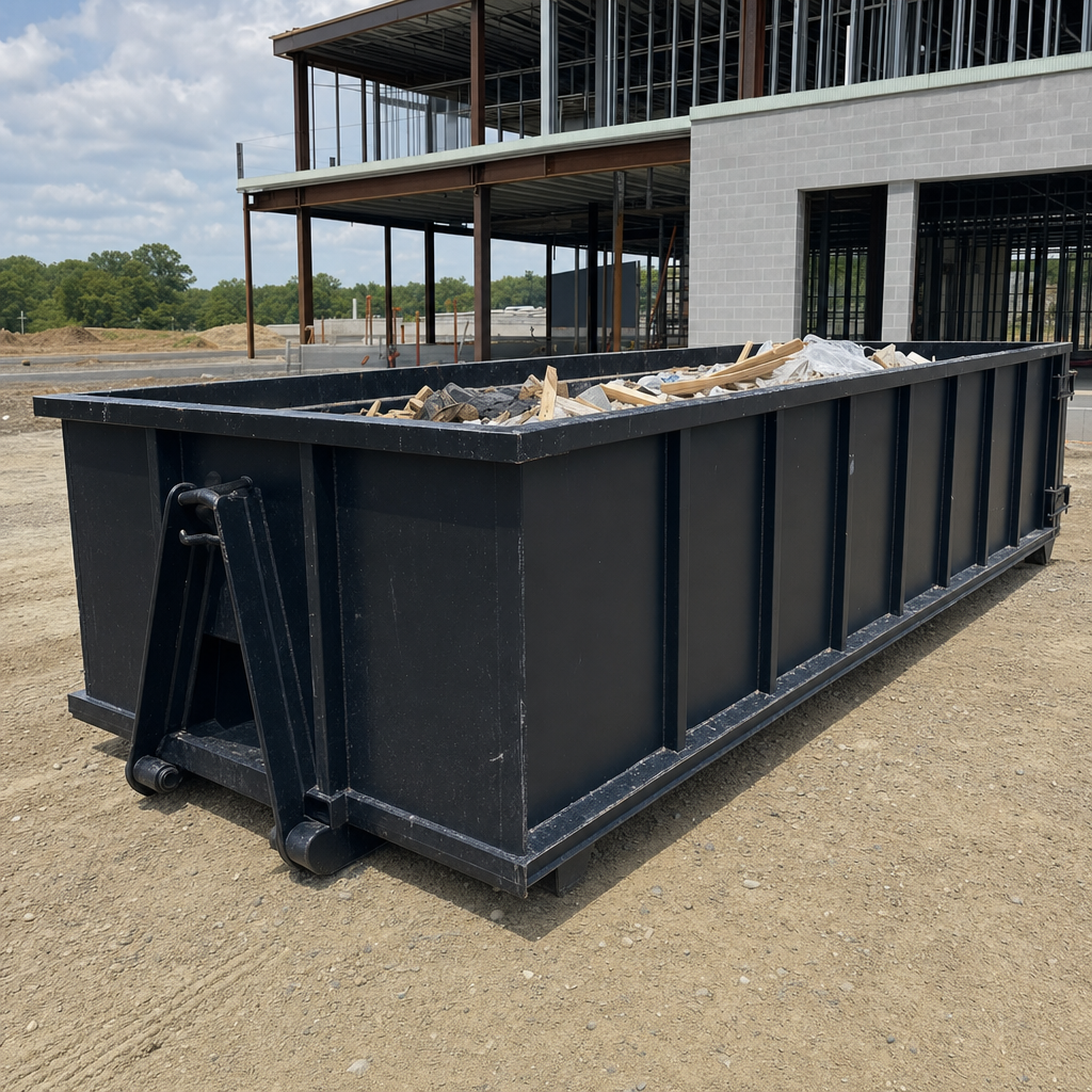 A matte-black 40-yard roll-off dumpster staged on a large Conroe commercial construction lot, with a hooklift delivery truck parked alongside under bright midday sky.