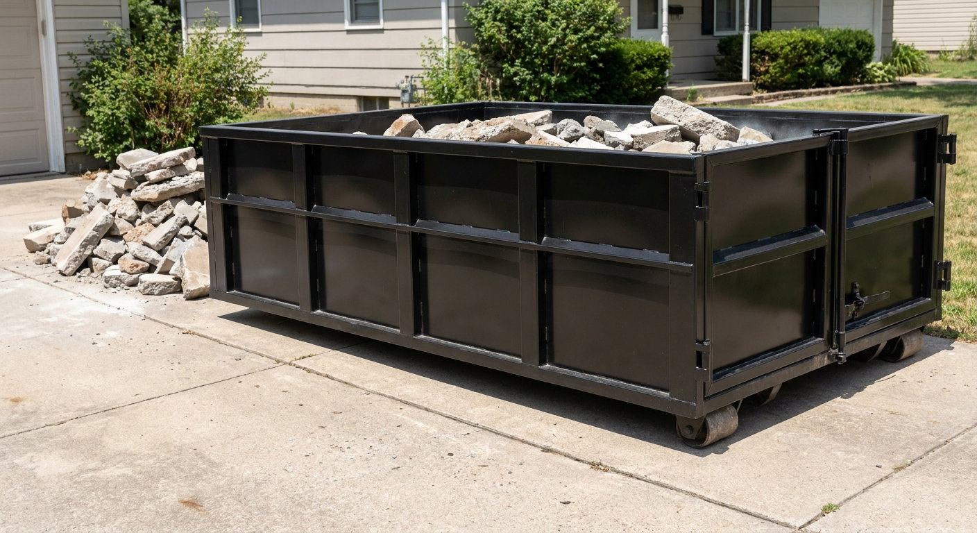A matte-black low-side heavy-debris roll-off dumpster placed directly on a Conroe concrete driveway, with broken concrete chunks neatly stacked beside it under clean daylight.